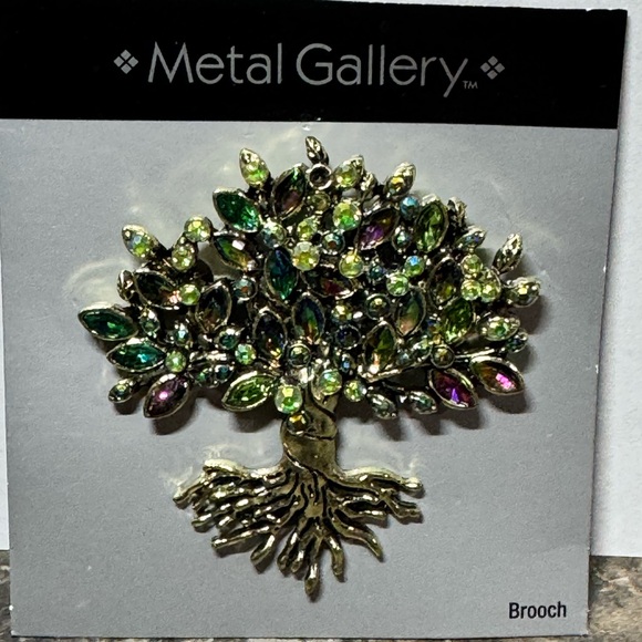 Metal Gallery Gold Tone Green Yellow Rhinestones Tree of Life Brooch Pin New - Picture 2 of 2